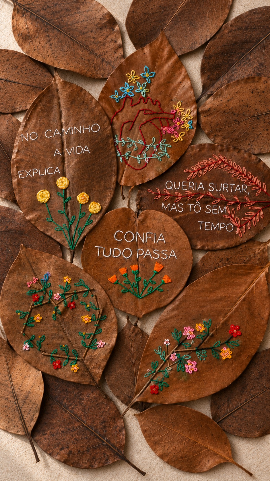 Folhas secas bordadas com flores e frases