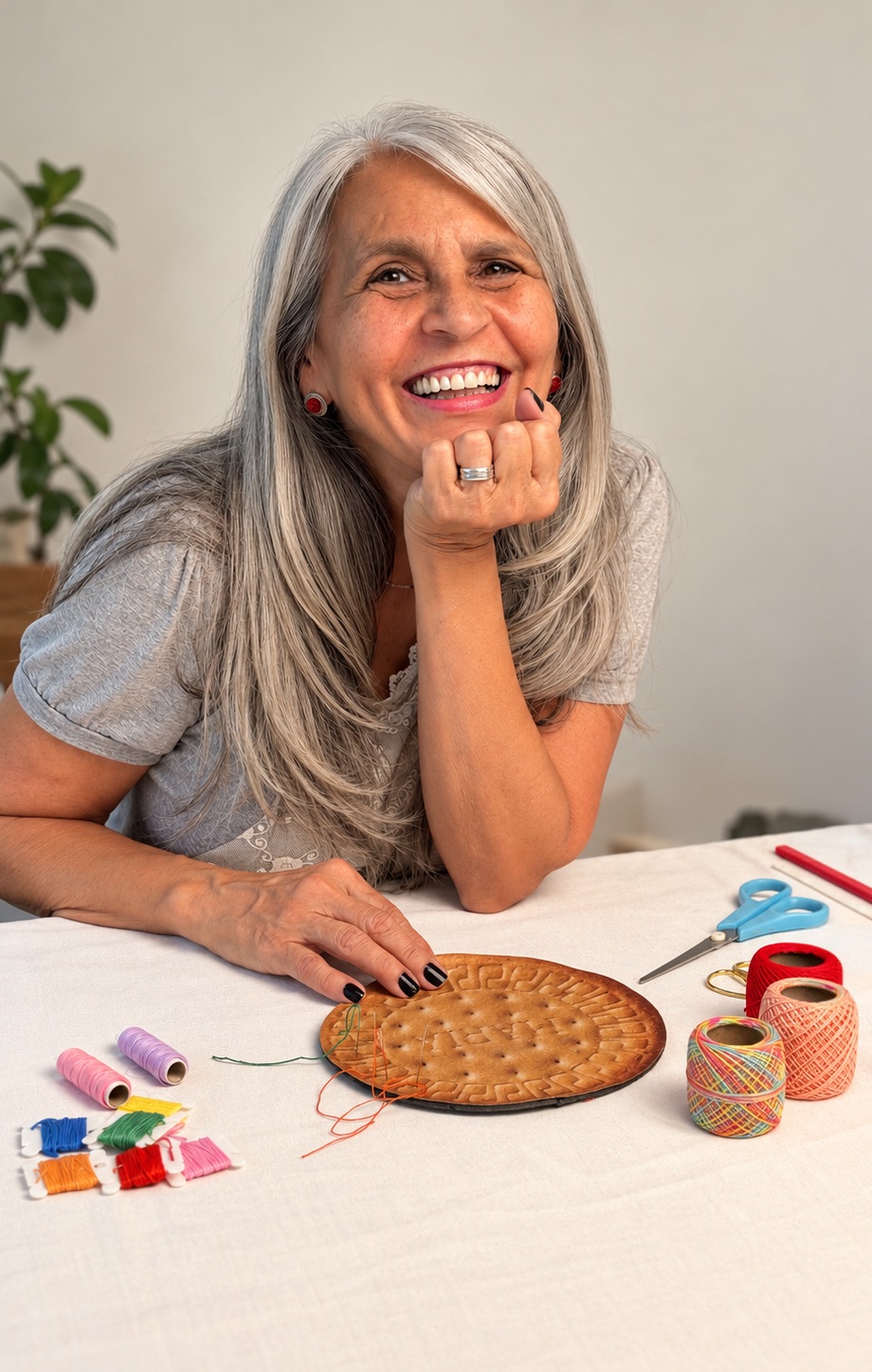 Maria Monteiro sorrindo, à mesa com linhas e uma folha bordada